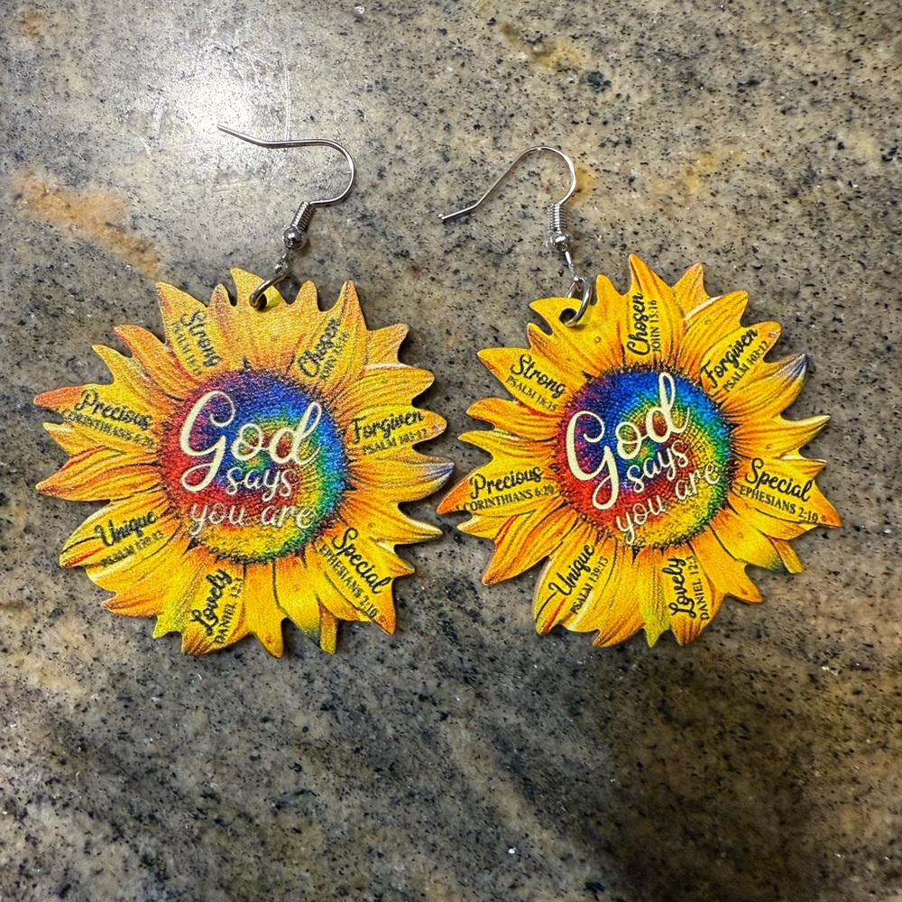 Sunflower earrings with Bible scripture